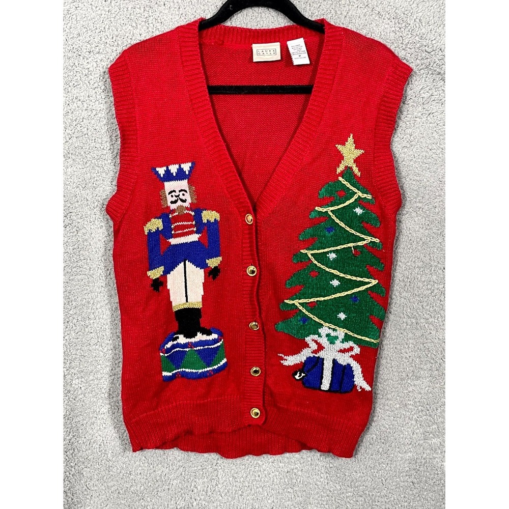 Vtg Laura Gayle Sweater Vest Women M Red Holiday Nutcracker Christmas Colorful